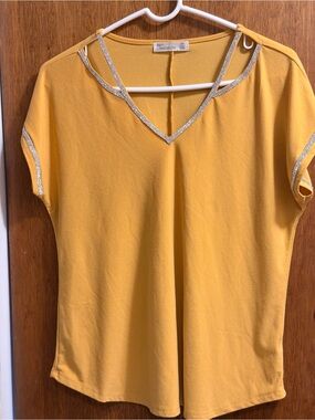 Madison Mustard V-Neck Short Sleeve Top with Rhinestone Trim
